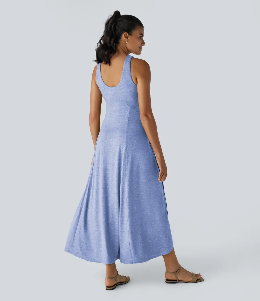 U Neck Backless Split Flowy Maxi Casual Tank Dress