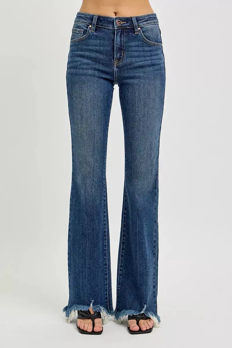 Modern Mid Rise Flare Leg Frayed Denim Jeans