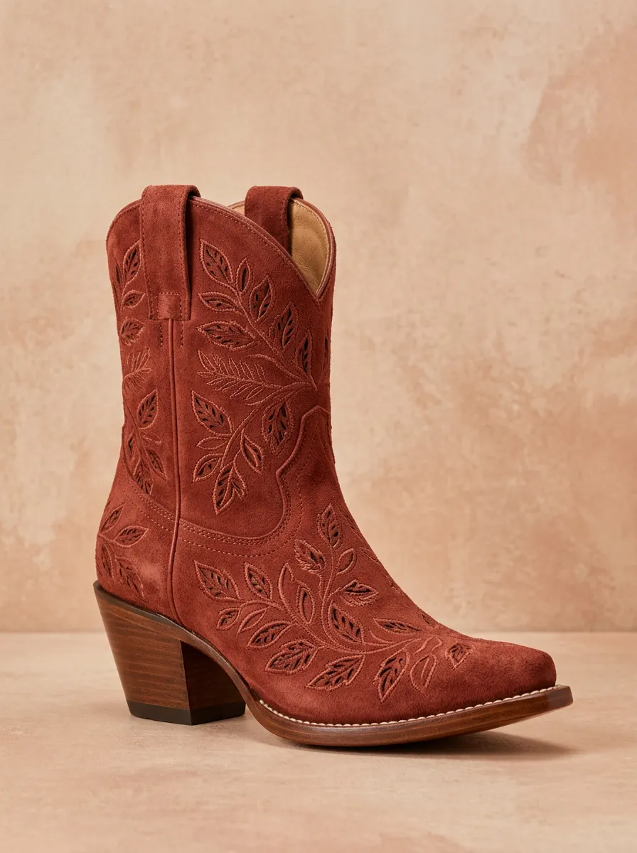 Women's Leaf Mid-Calf Pointed-Toe Block-Heel Pull-Tab Western Boots
