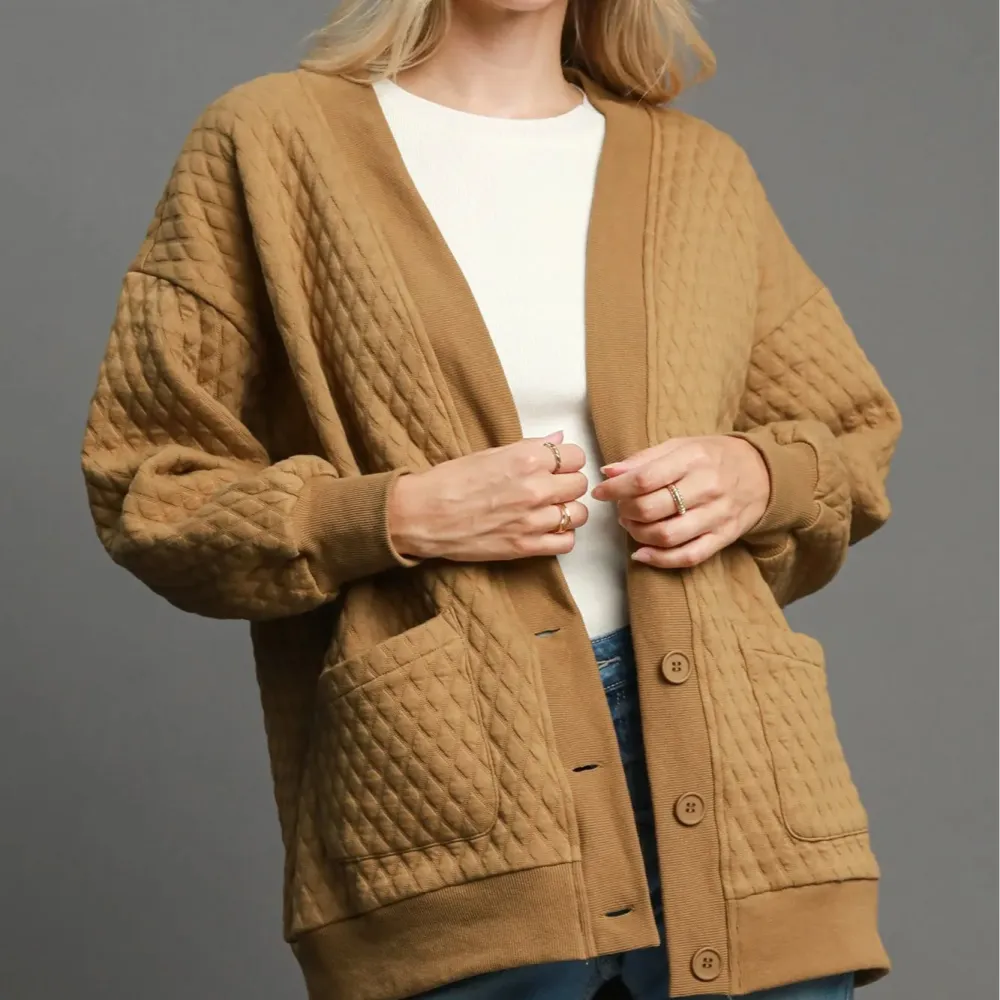 Cable Knit Textured Jacquard Pocket Detail Knit Cardigan
