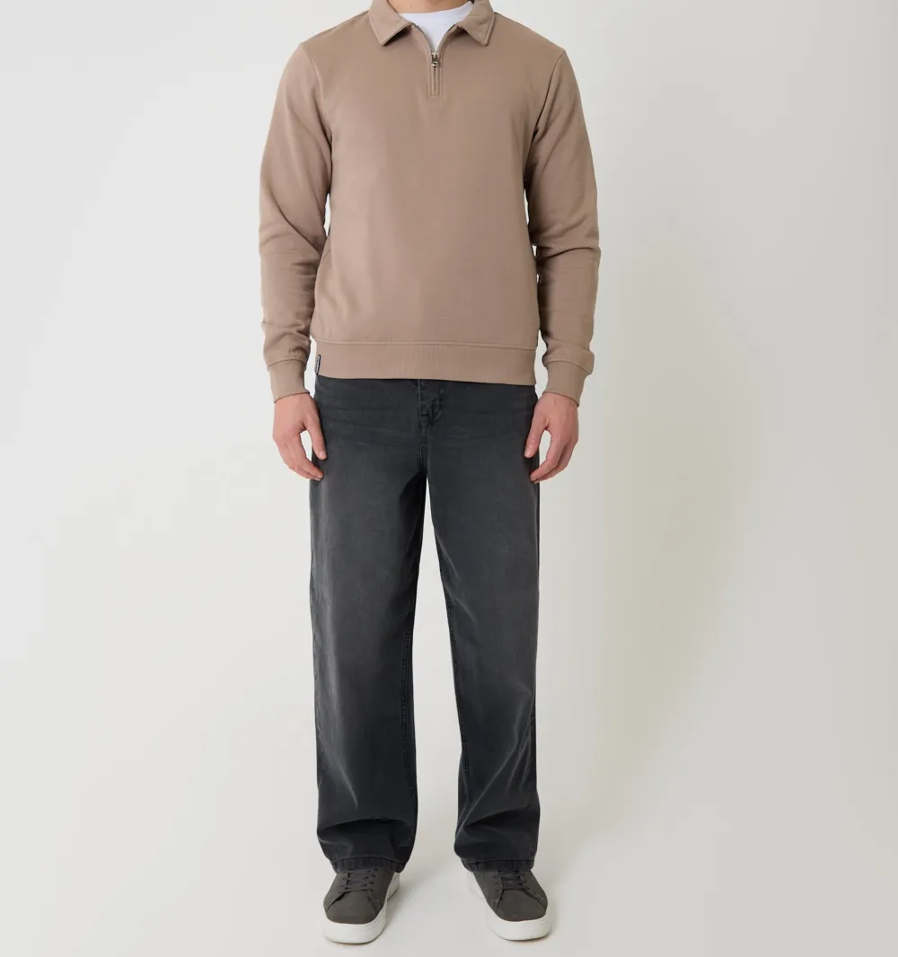 Men's Taupe Collared Quarter-Zip Sweatshirt