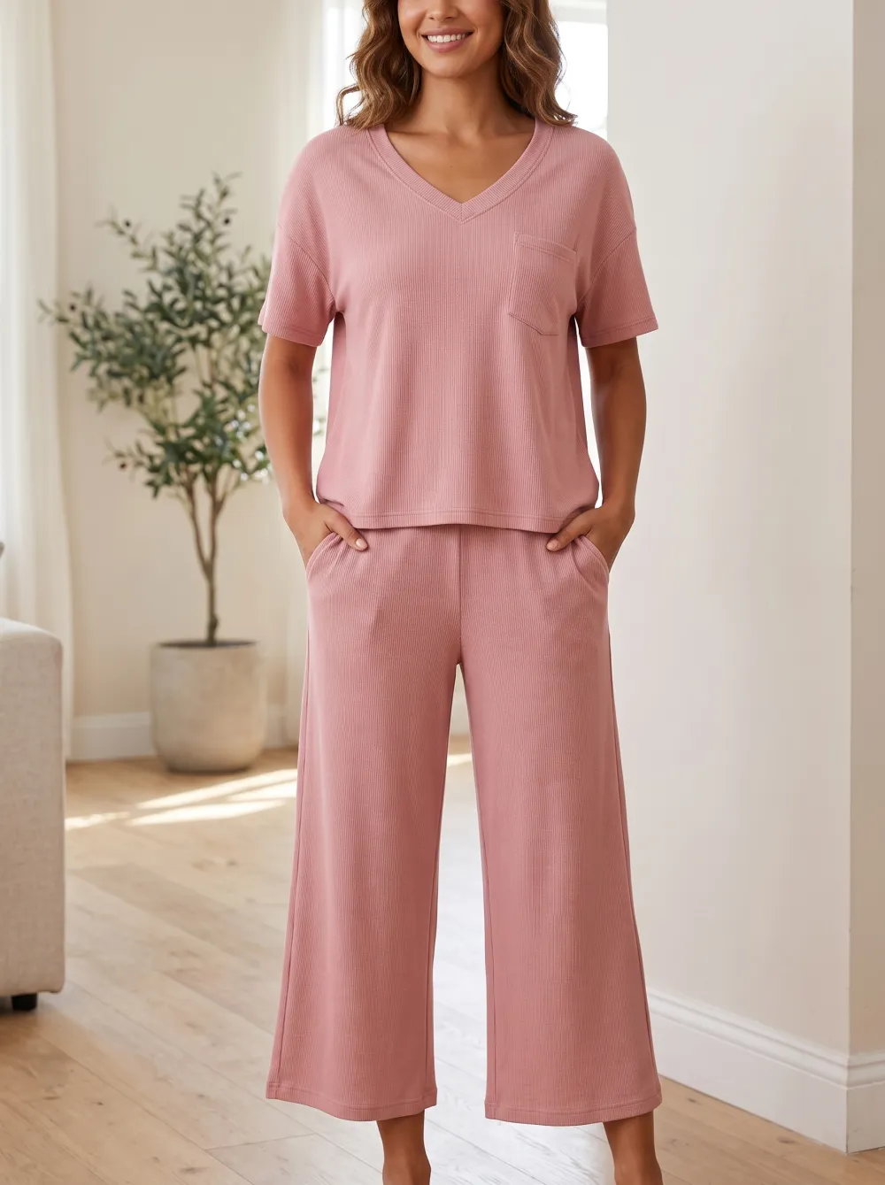 Simple V Neck Coordinated Outfit