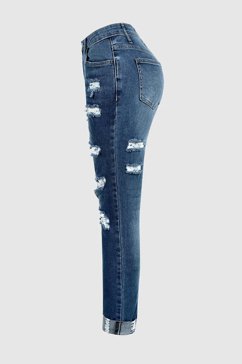 Ladder Ripped Rolled Hem Mid Waist Skinny Jeans