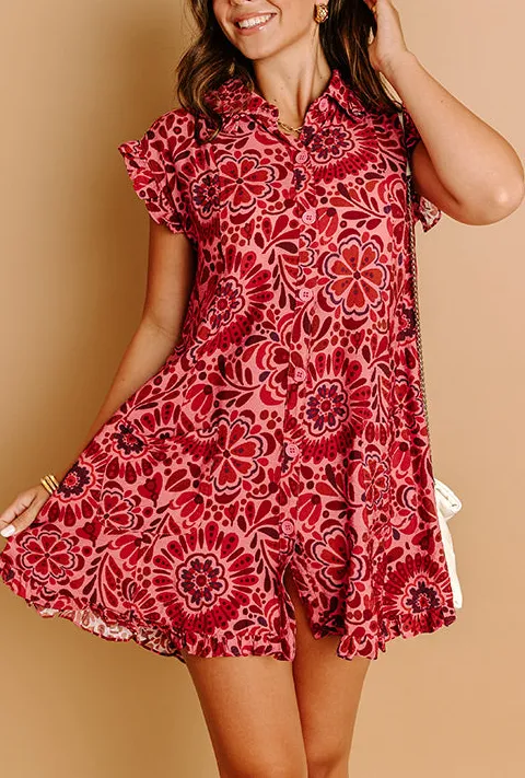 Ruffled Floral Collared Short Sleeve Relaxed Mini Dress