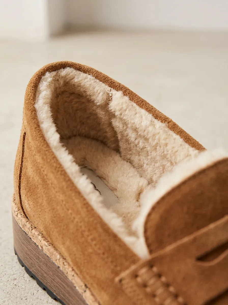 Women's Refined Faux Fur Lined Platform Suede Wood Sole Loafers