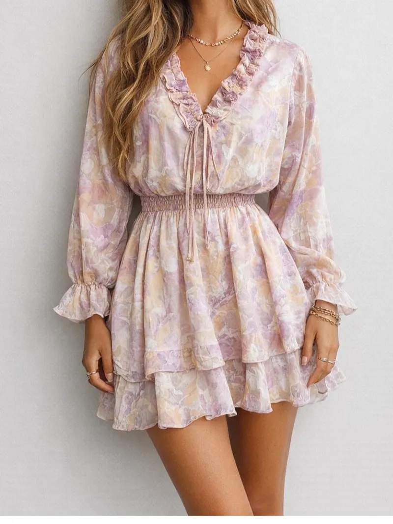 V Neck Tiered Ruffle Smocked Mini Dress