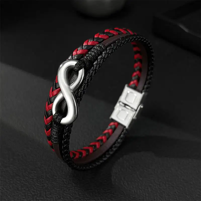 Infinitely Design Titanium Steel Braided Layer Leather Bracelet
