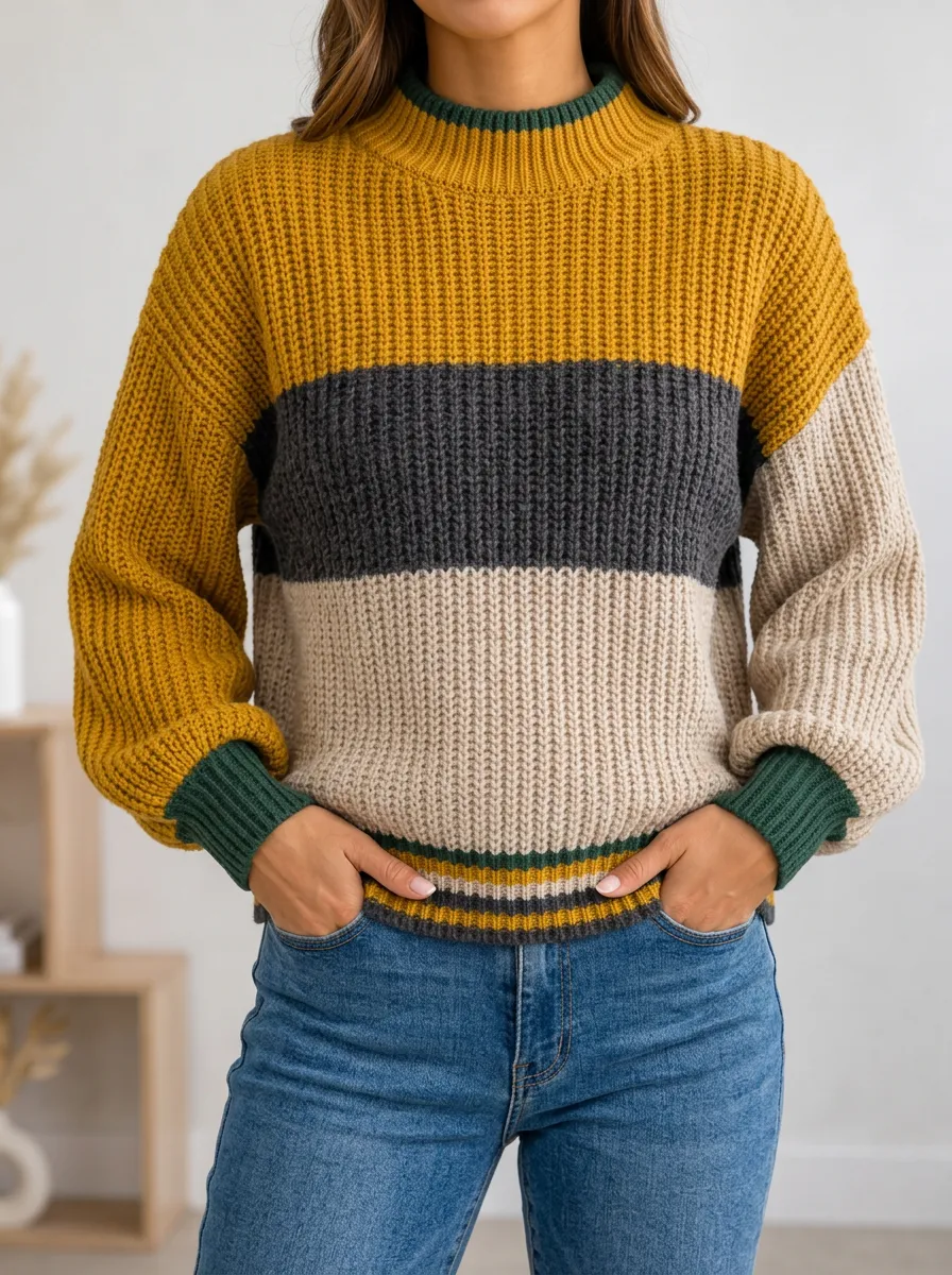 Colorblock Ribbed Knit Sweater with a Round Neck Finish