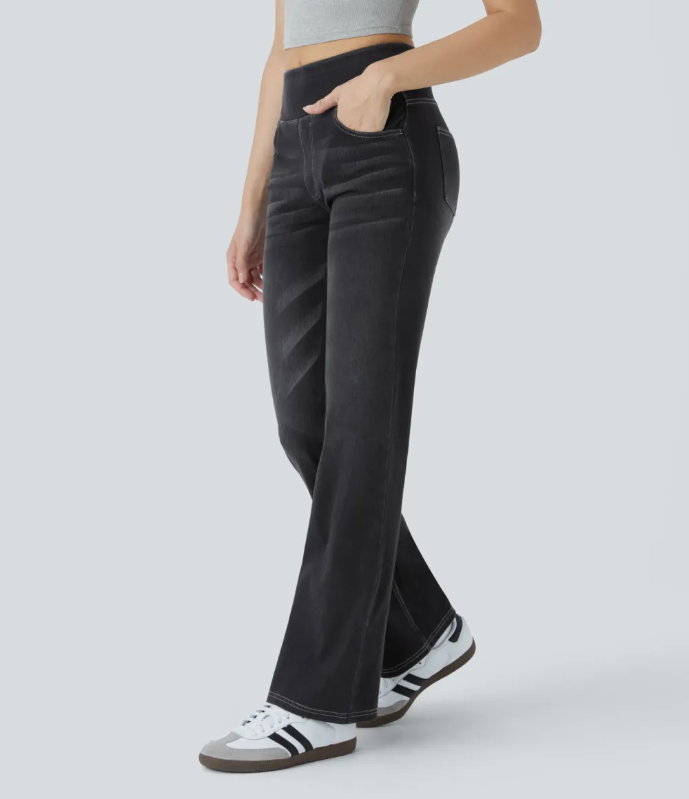 Magic High Waisted Multiple Pockets Washed Stretchy Knit Casual Bootcut Jeans