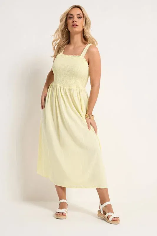 Yellow Shirred Linen Maxi Dress