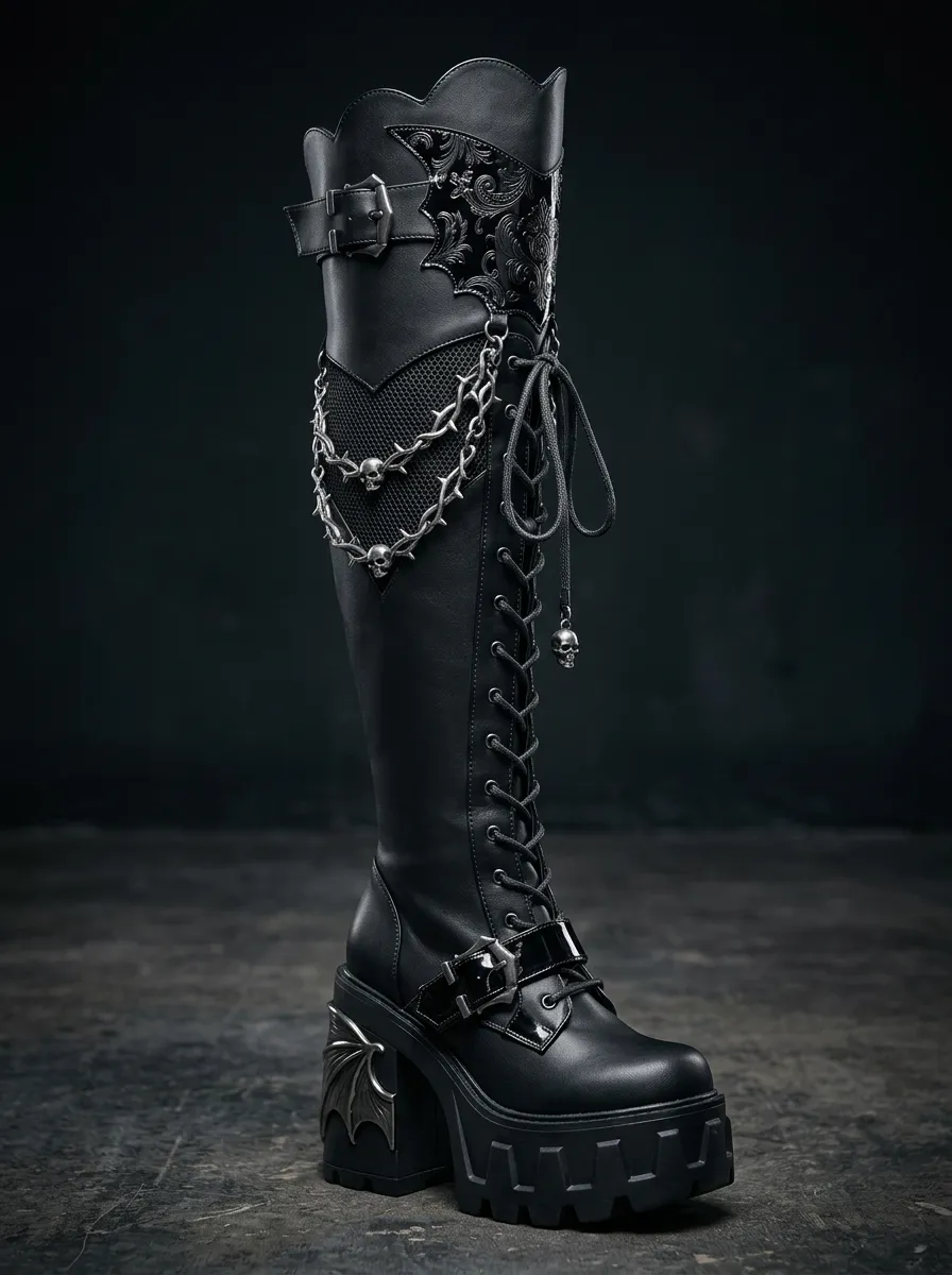 Ritual-Inspired Skull Wing Chain Silhouette Women's Gothic Platform Boots