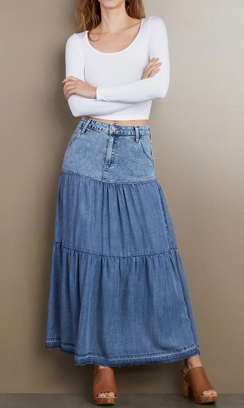 Blue Denim Tiered Ruffle Maxi Skirt