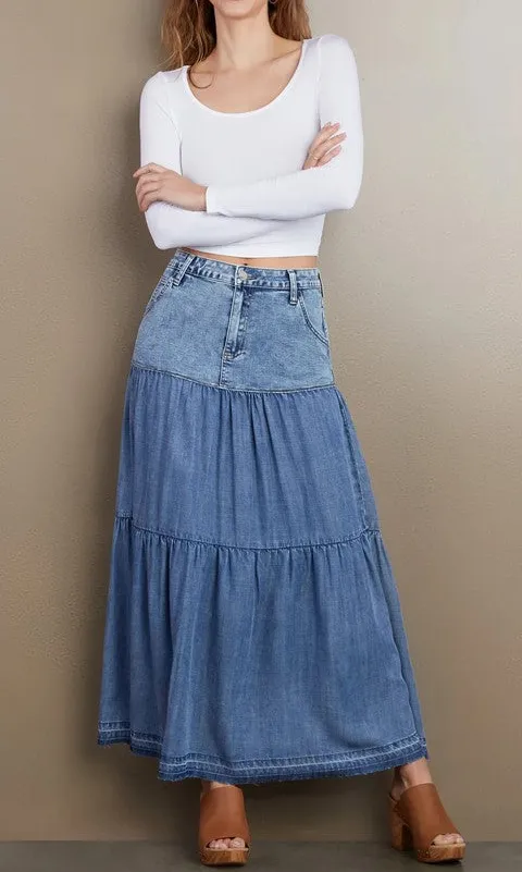 Blue Denim Tiered Ruffle Maxi Skirt