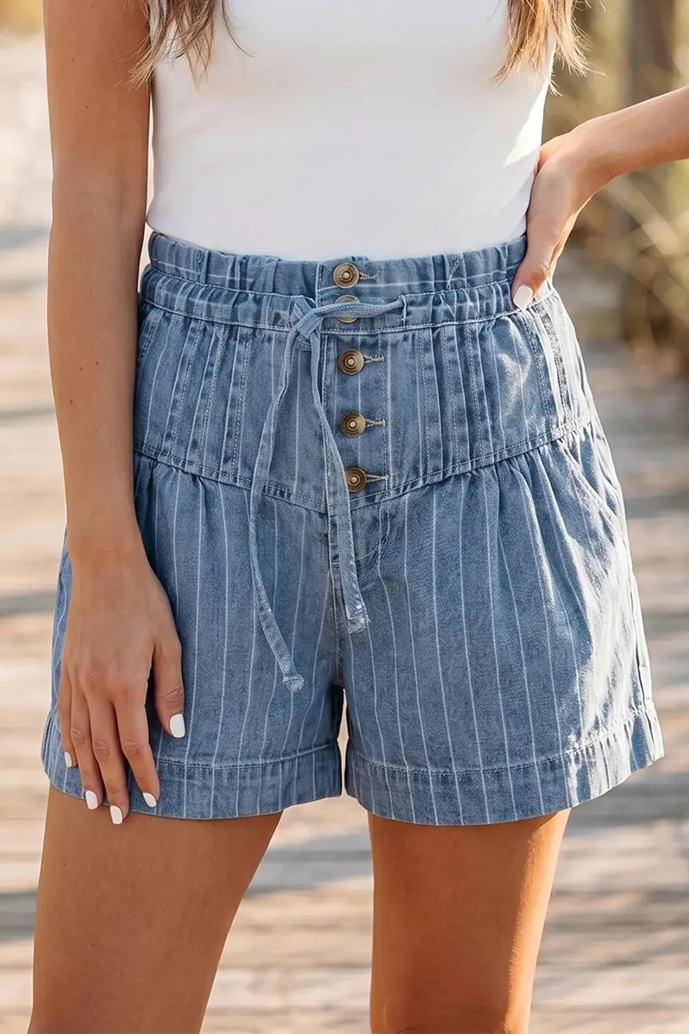 High-Waist Drawstring Cotton Striped Denim Shorts