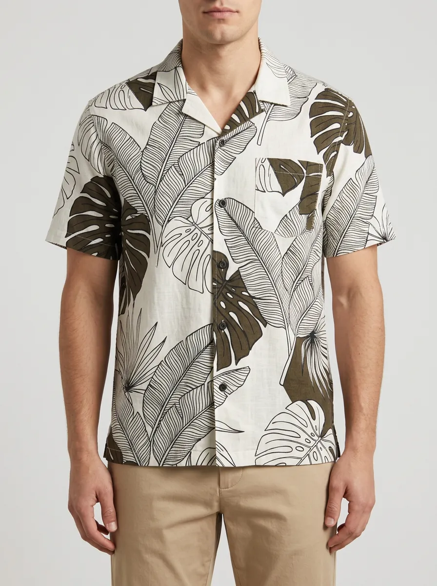 Men's Leaf Print Camp Collar Short Sleeve Shirt