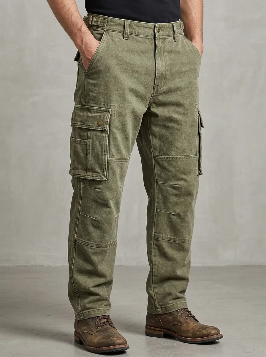 Men's Military Style Olive Green Multi-Pocket Adjustable Waist Tabs Cargo Pants