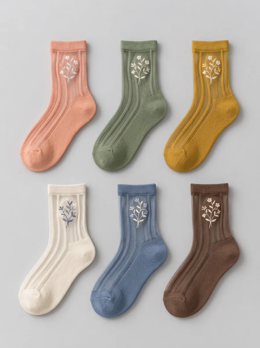 Women's Multicolor Floral Embroidered Sheer Crew Multicolor Ribbed Socks 6-Pack