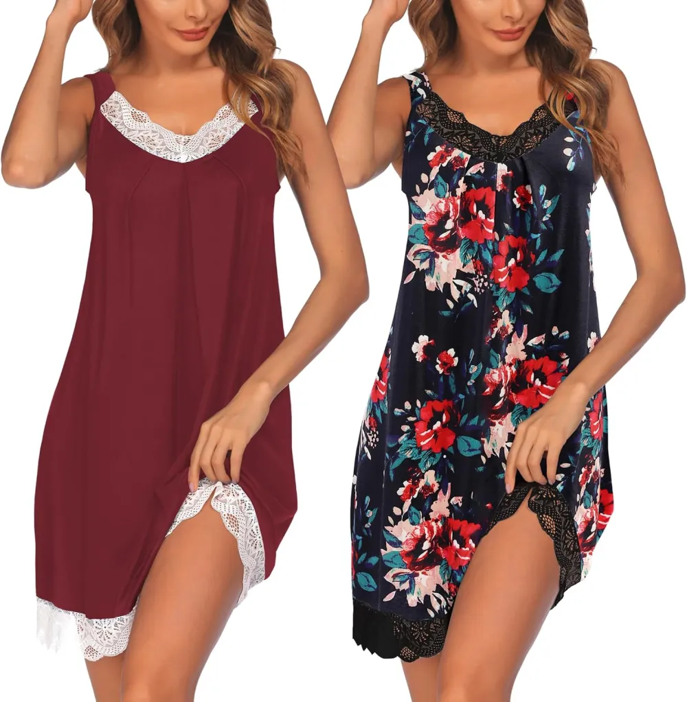 Ekouaer 2 Pack Night Gowns for Adult Women V Neck Lace Sleeveless Sleepwear