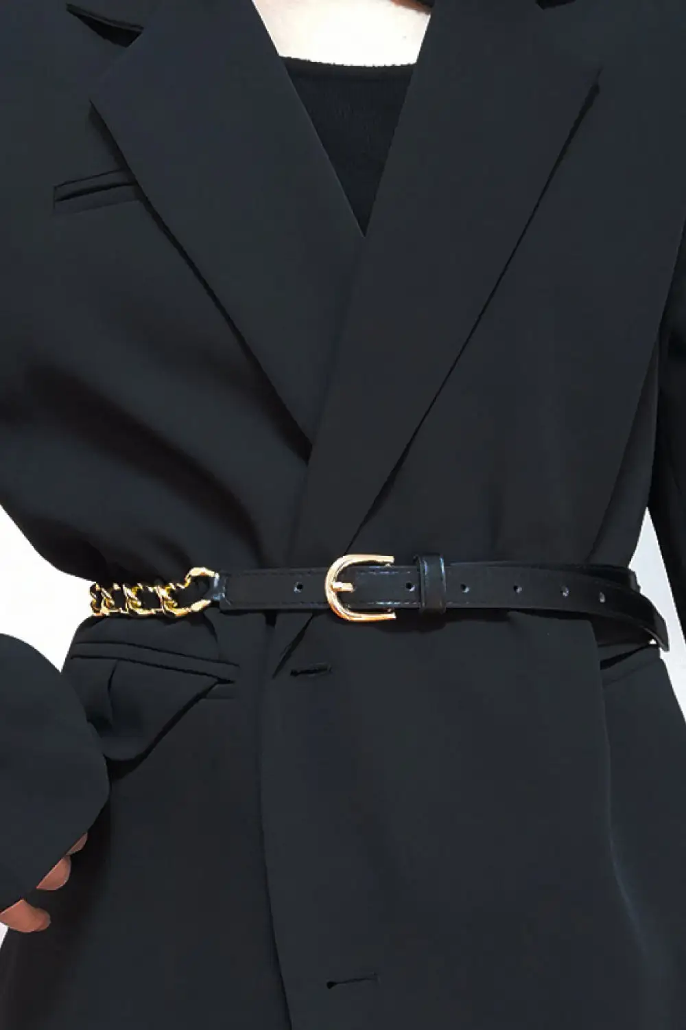 Chain-Detail Wide Vegan-Leather Skinny Waist Belt