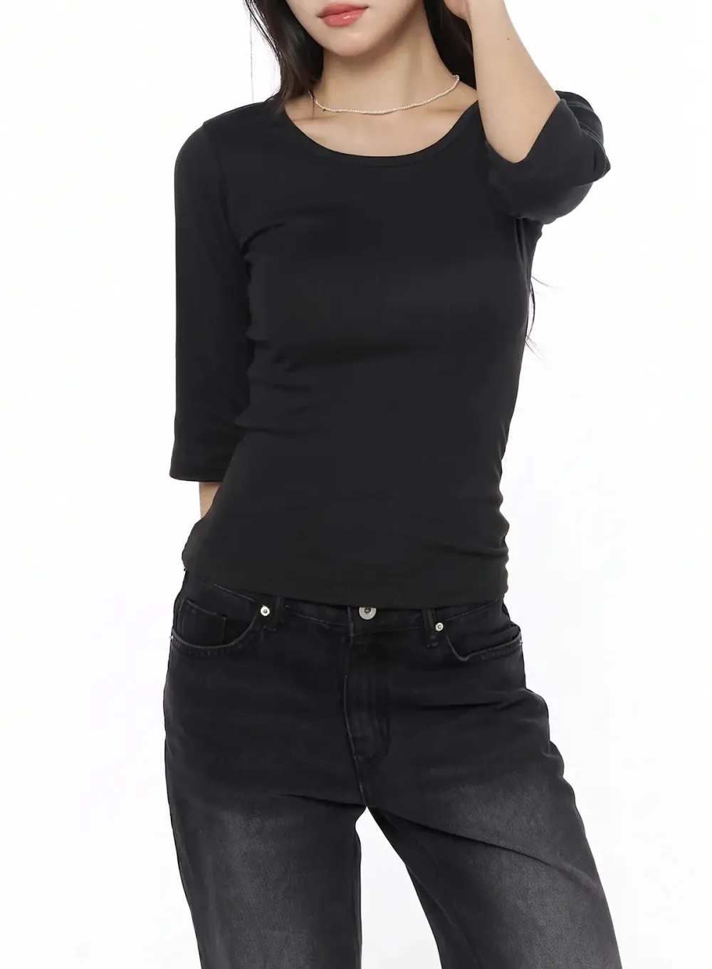 Basic Round Neck Three-Quarter Sleeve Top