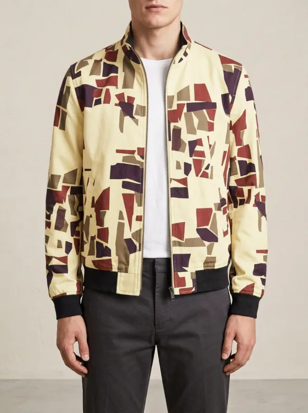 Geometric Print Stand Collar Sleeve Detail Bomber Jacket