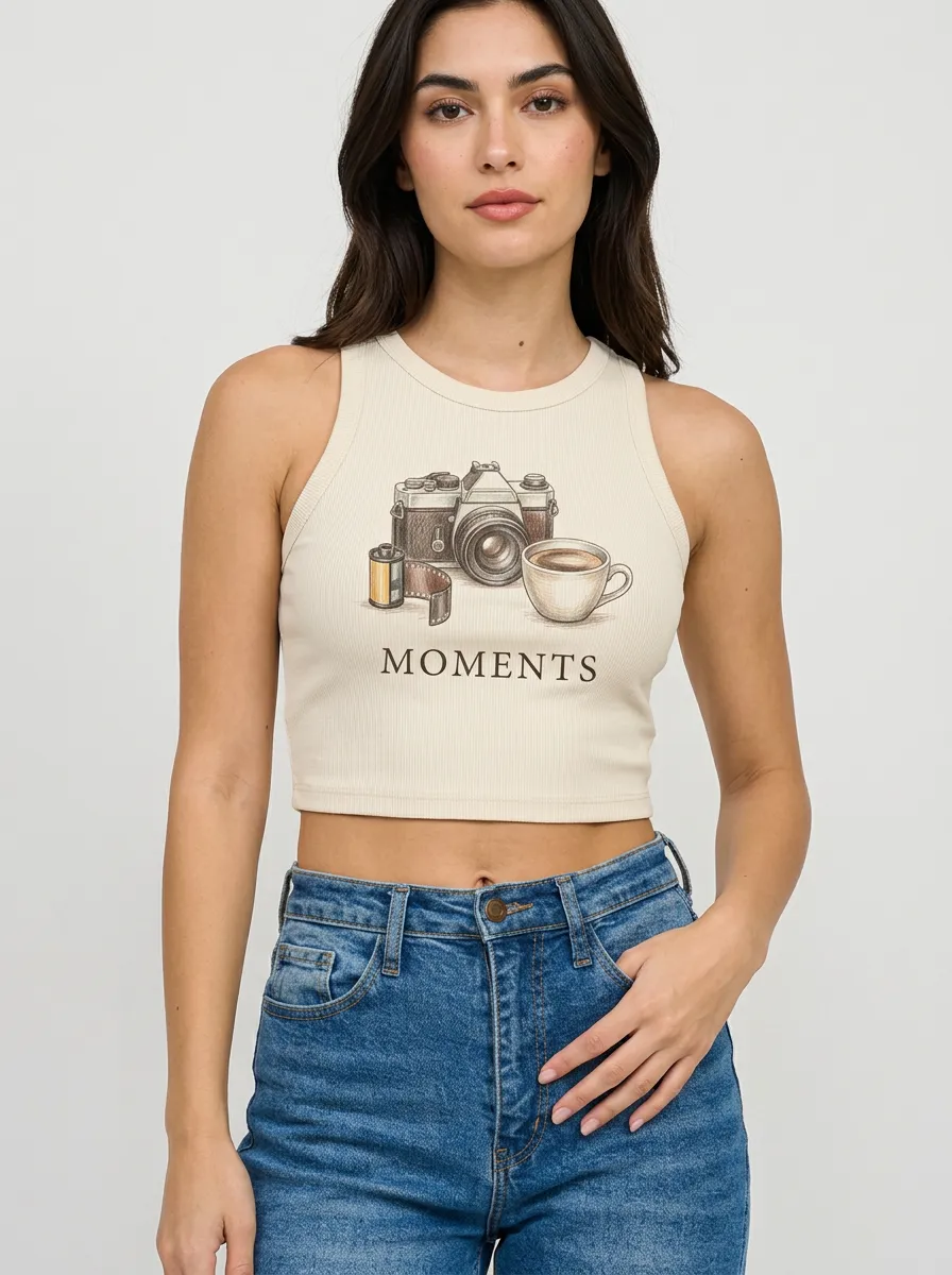 Women's Photography Lover Camera Coffee Moments Printed Crop Top