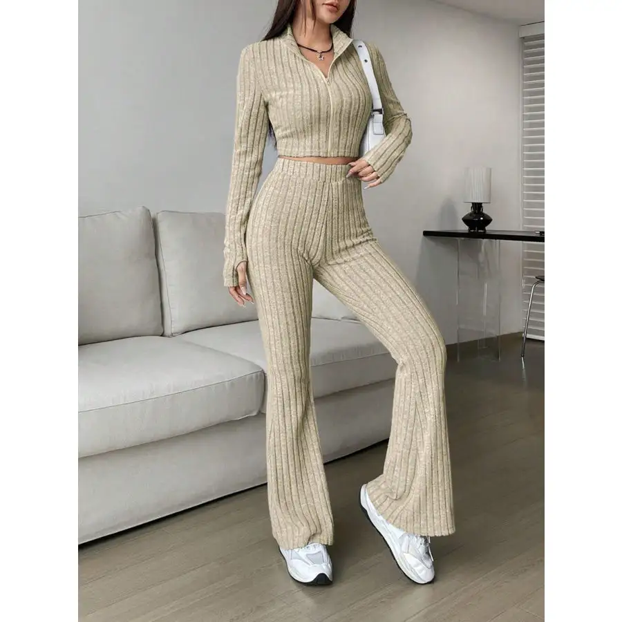 Relaxed Zip Up Long Sleeve Top and Pants Set