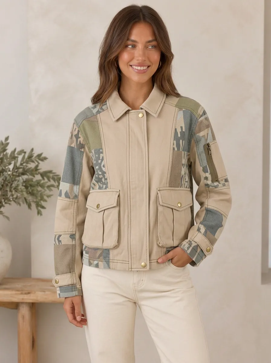 Women's Casual Fashion Camo Patchwork Printed Utility Jacket
