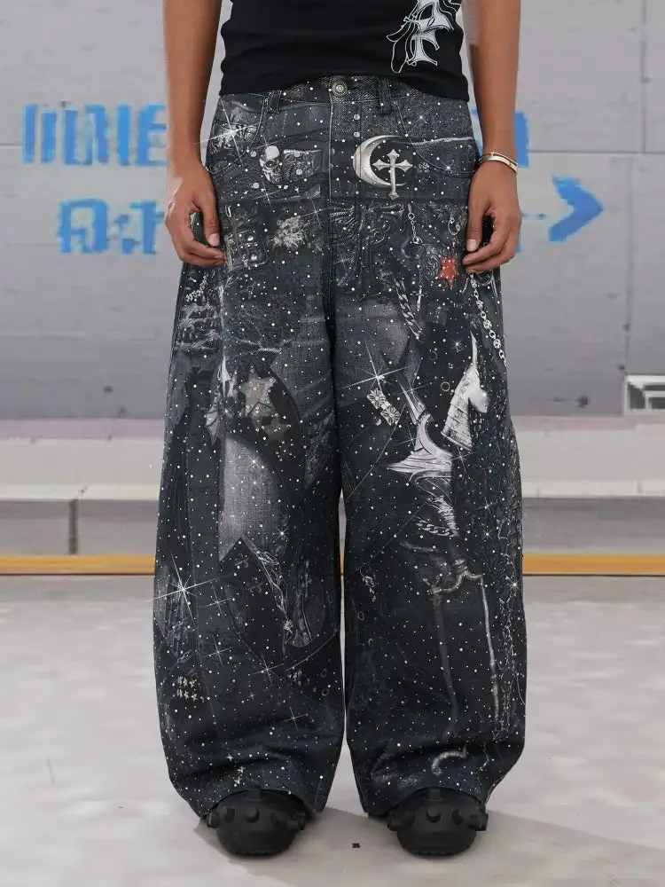 Wide-Leg Graphic-Print Artistic-Distress Jeans