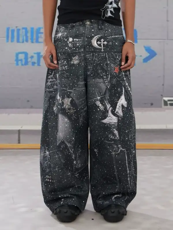 Wide-Leg Graphic-Print Artistic-Distress Jeans