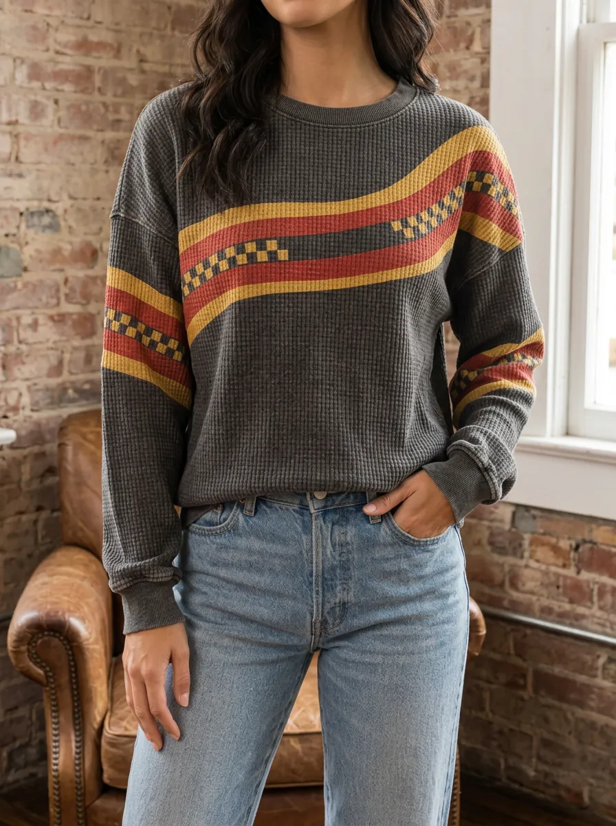 Women's Retro Striped Checkerboard Waffle Knit Crewneck Sweatshirt