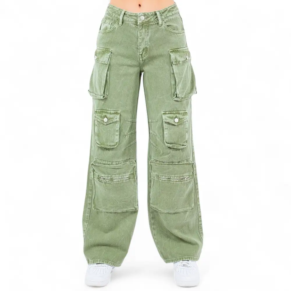 Women's Wide Leg Multi Pocket Denim Cargo Pants