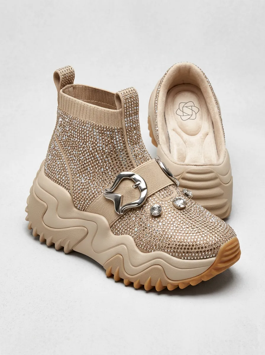 Buckle-Strap Slip-On High-Top Women's Rhinestone Platform Shoes