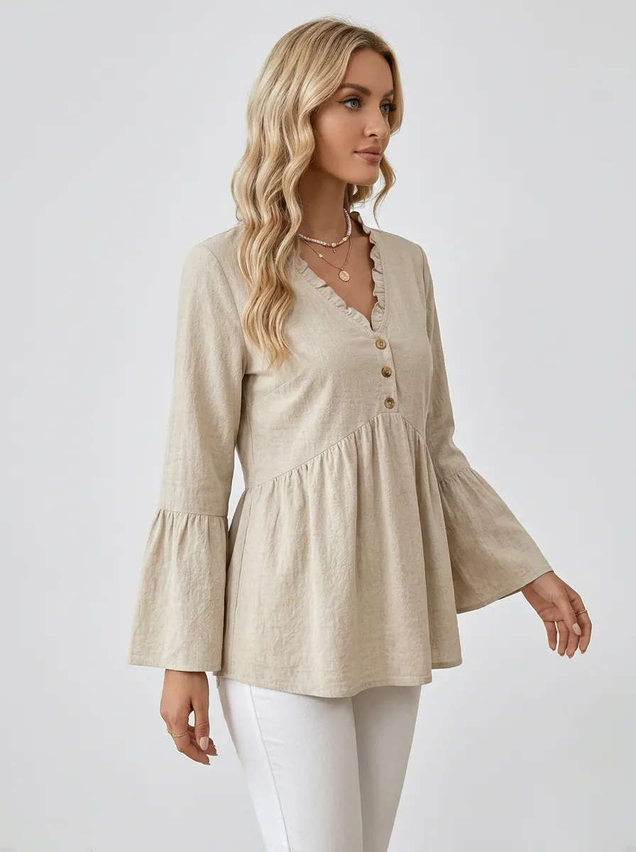 V-Neck Button Down Ruffle Bell Sleeve Blouse