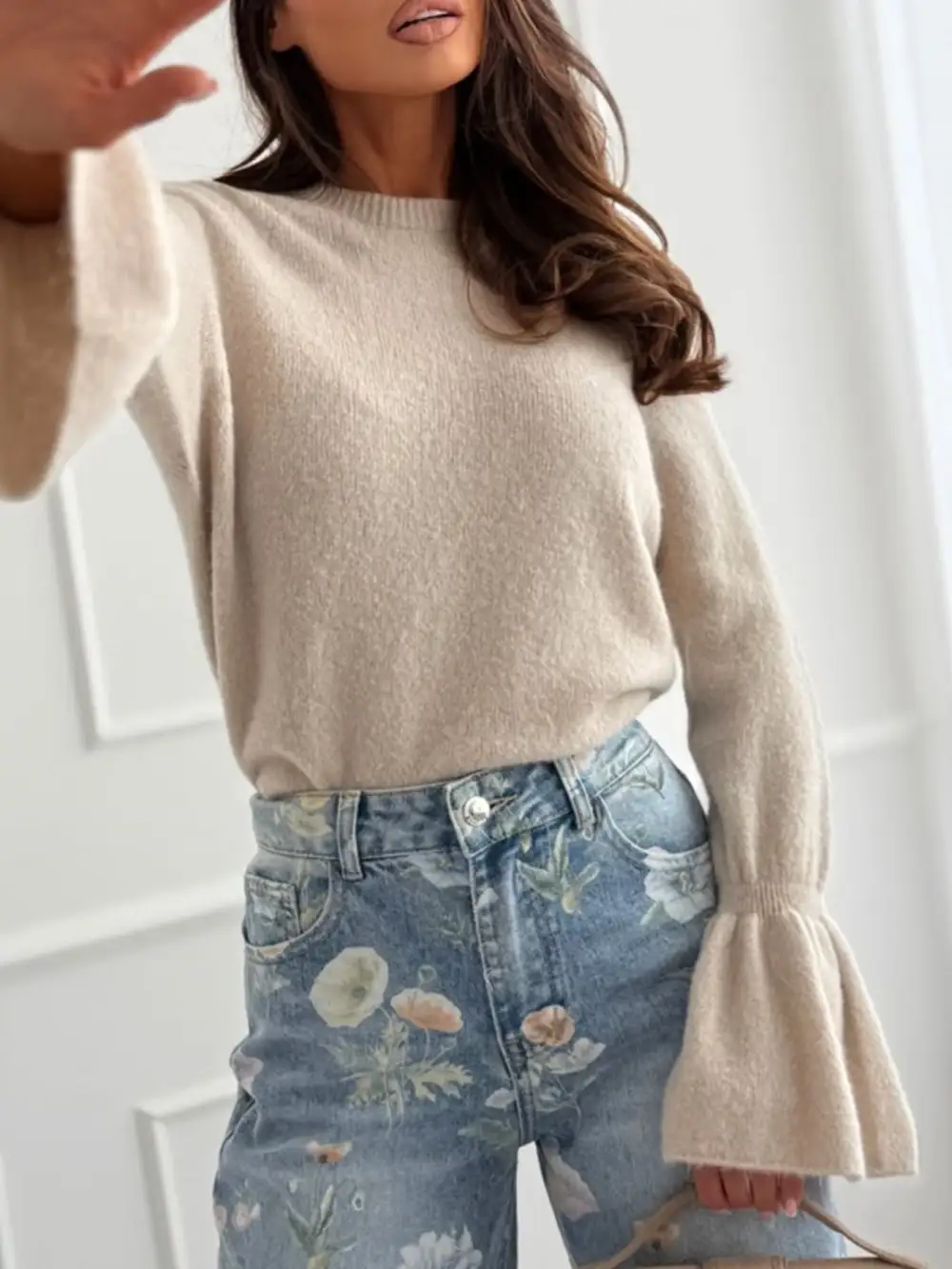 Round Neck Flounce Sleeve Sweater