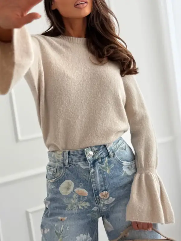 Round Neck Flounce Sleeve Sweater