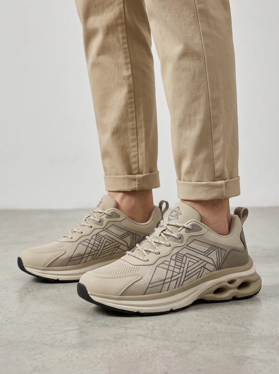 Men's Beige Geometric Pattern Athletic Sneakers