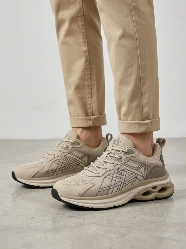 Men's Beige Geometric Pattern Athletic Sneakers