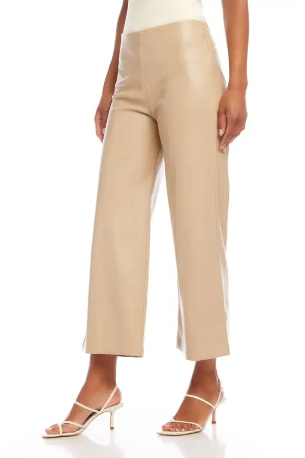 Women's Beige Faux Leather Wide Leg Pants