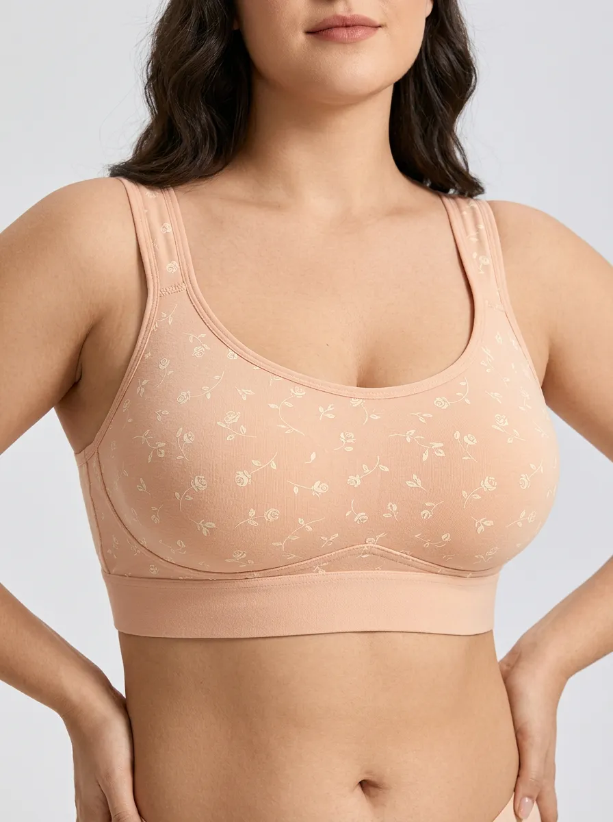 Women's Plus Size Peach Rose Floral Scoop-Neck Wide-Strap Wireless Bralette