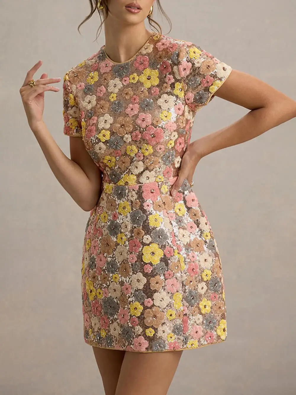 Retro Inspired Floral Print Sequin Mini Dress
