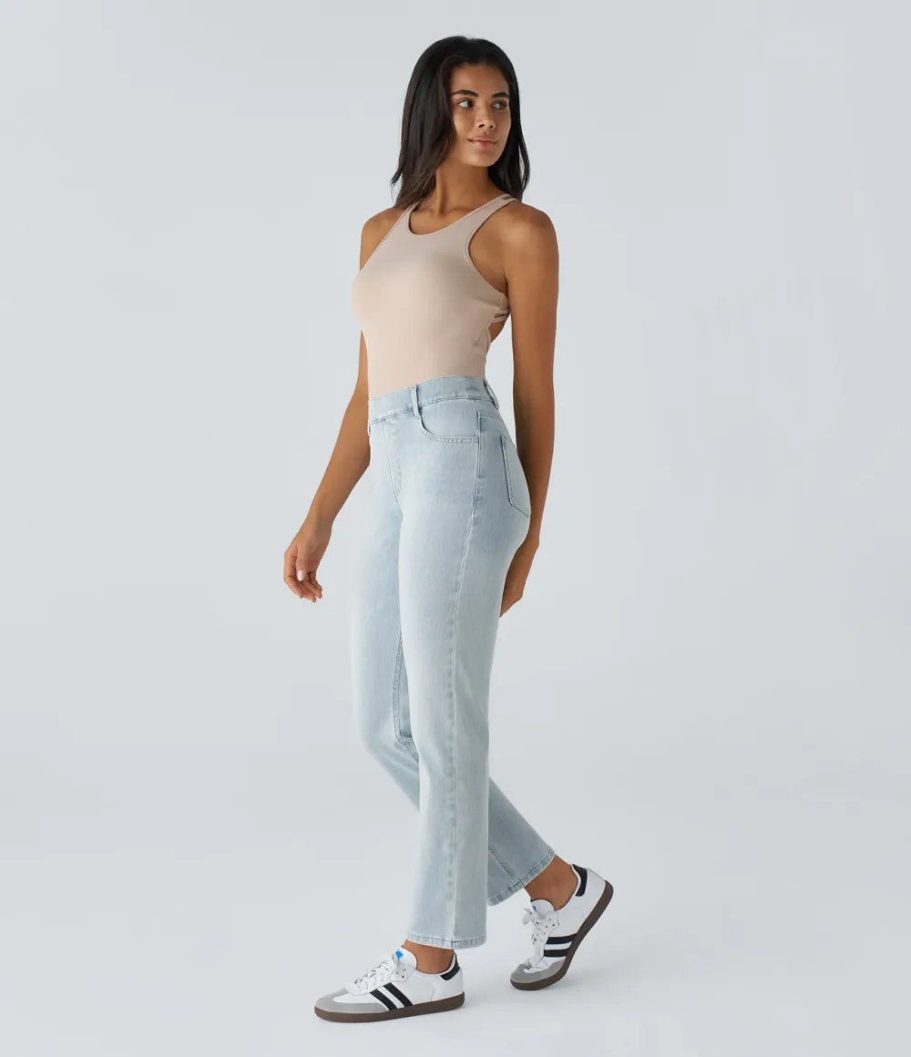 Magic High Waisted Multiple Pockets Straight Leg Washed Stretchy Knit Casual Jeans