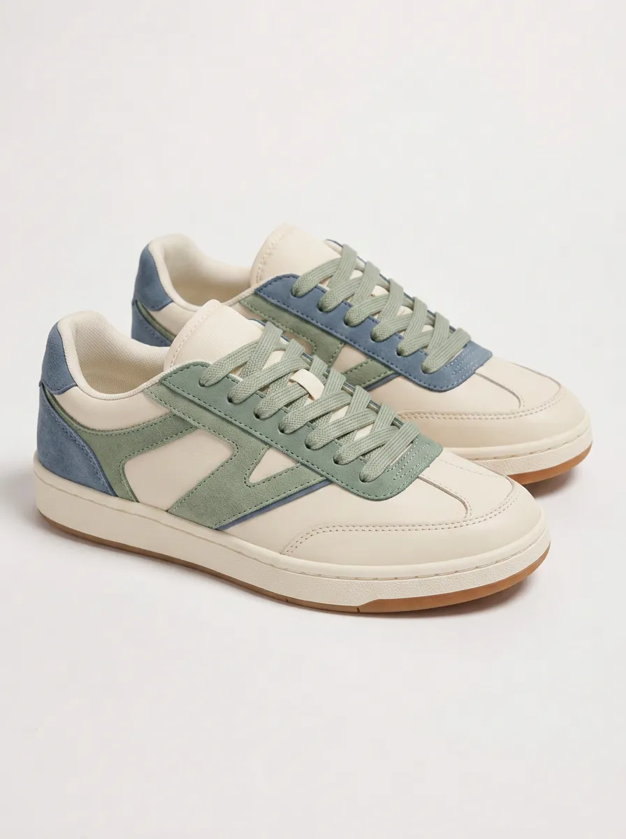 Women's Casual Fashion Sage Green Blue Colorblock Suede Printed Sneakers