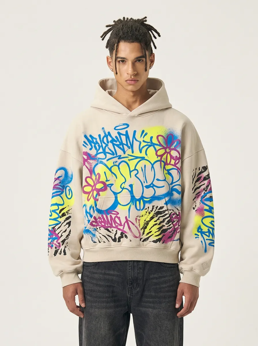 Unisex Streetwear Graffiti Flower Zebra Layered Print Hoodie