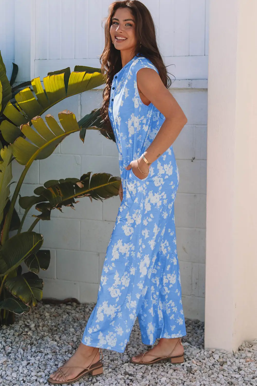 Myosotis Floral Print Half Button Wide Jumpsuit