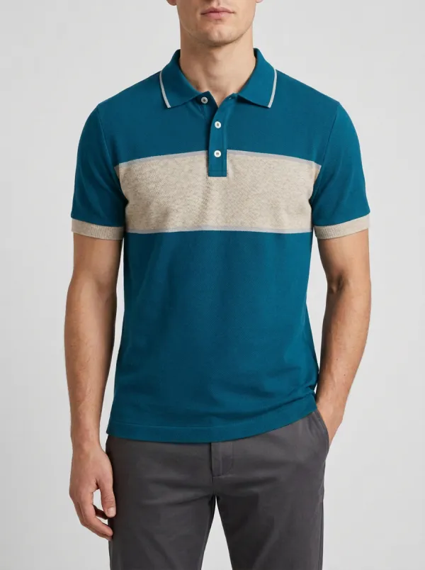 Men's Casual Navy Blue Colorblock Striped Polo Shirt