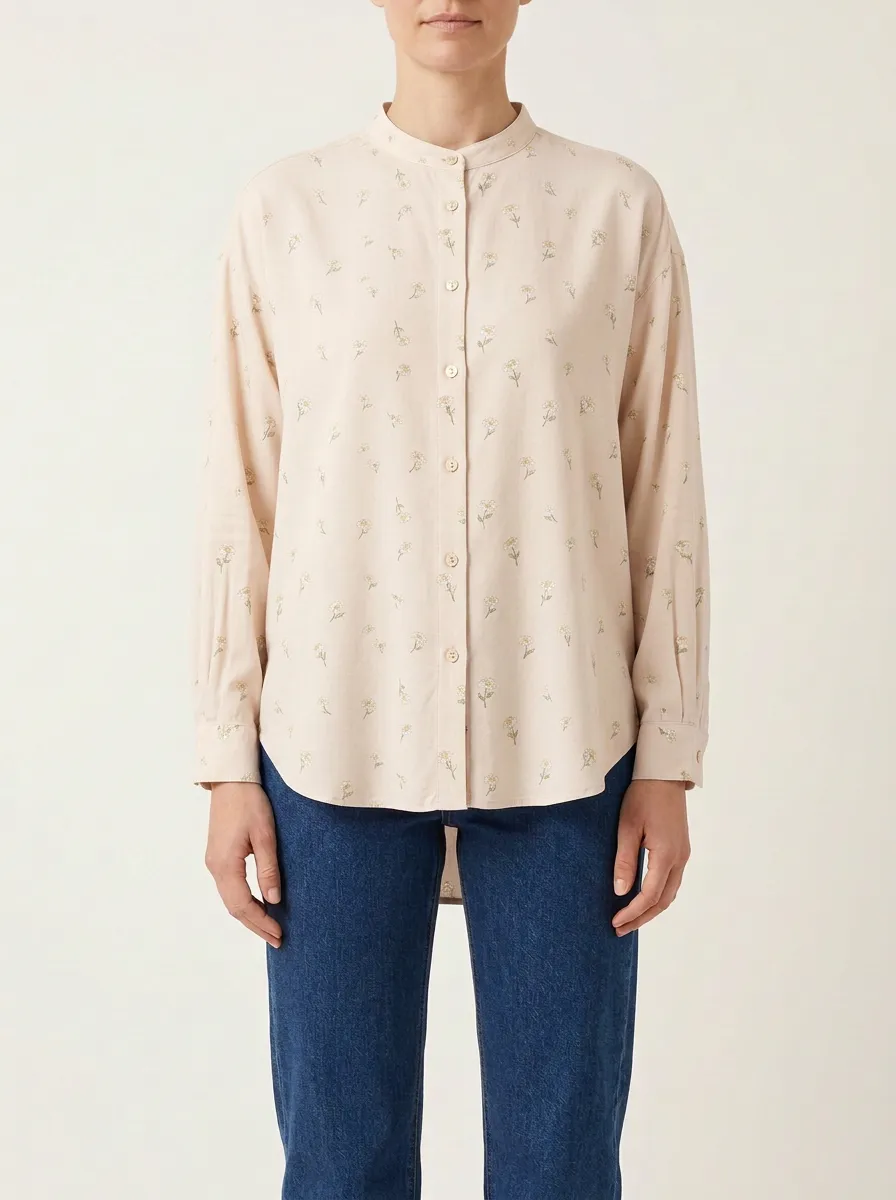 Women's Floral-Print Mandarin-Collar Curved-Hem Shirt