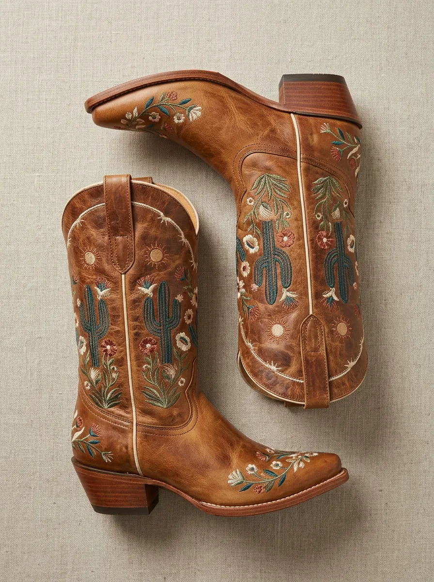 Prairie Cactus Desert Floral Silhouette Unisex Western Cowboy Boots