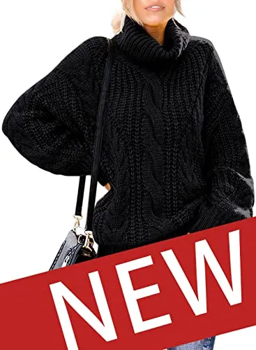Womens Turtle Cowl Neck Solid Color Soft Comfy Cable Knit Pullover Sweaters S-2XL