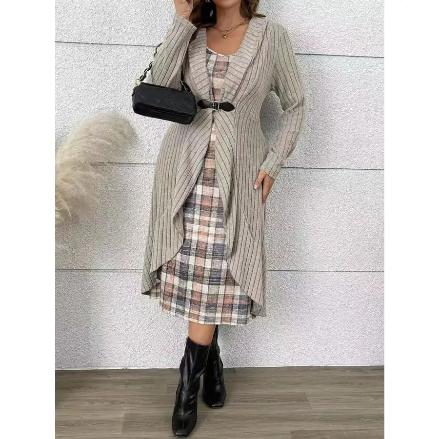 Plaid Dress & Ribbed Knit Cardigan Set